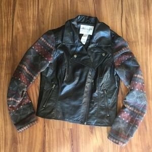 Leather moto jacket w/ tribal sleeves